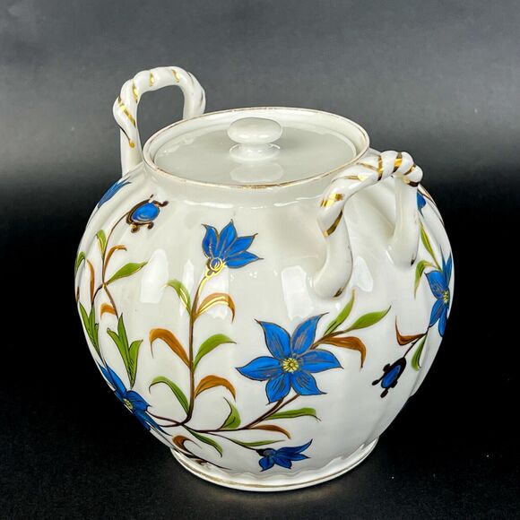 Jar Lid White Ceramic Blue Flowers Gold Trim Side Handles Decorative 4.75" Tall - Picture 5 of 12